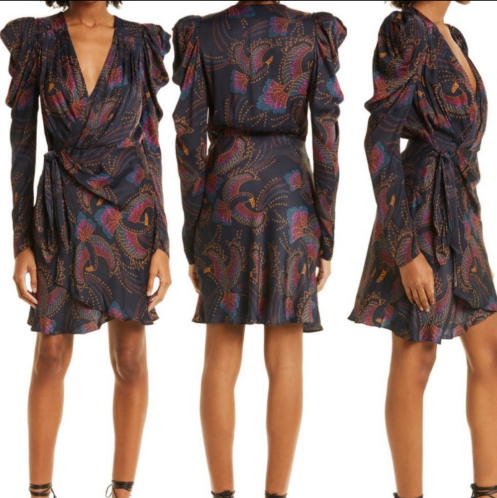 NWT FARM RIO Sequin Beaded Toucans Wrap Dress Mini Dress Size S.